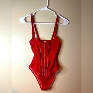 Auden Red Rhinestone & Mesh Thong Back Lingerie Bodysuit